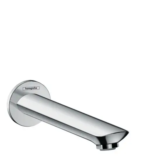 Chromfarbener Wanneneinlauf von Hansgrohe mit gerader Auslaufform und runder Wandmontage. Minimalistisches Design für Badezimmerinstallationen.